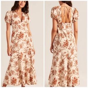 Abercrombie & Fitch Cream and Brown puff sleeve midi dress